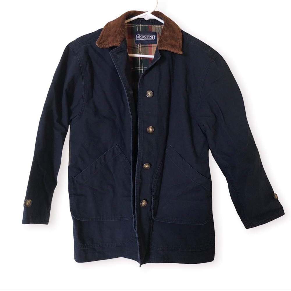 Lands’ End Barn Jacket in Navy Blue, Plaid Lining, Brown Corduroy Collar
